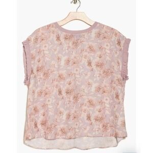 Tahari‎ Blouse Woman Plus 2X Pink Floral Print Knit Trim Top Artsy Pastel Office